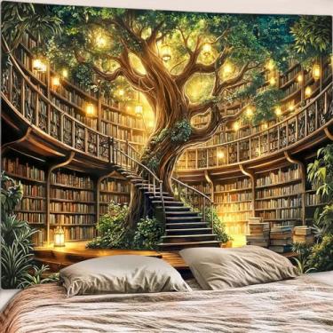 Imagem de Motanber Tapeçaria de biblioteca de fantasia tapeçaria de estante de fadas para pendurar na parede vintage árvore mágica da vida livro extravagante tapeçaria extra grande para quarto sala de estar