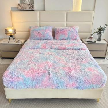 Imagem de chovy Jogo de lençol solteiro de pele sintética roxa arco-íris com flanela de veludo de pelúcia extramacia, felpudo (2 fronhas, 1 lençol de cima, 1 lençol com elástico)