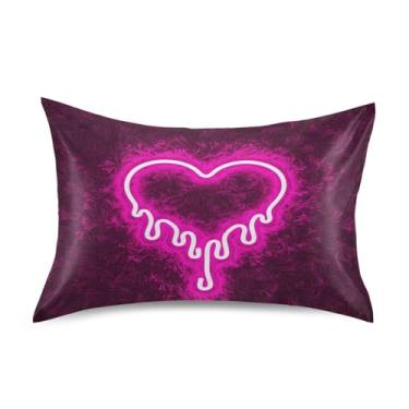 Imagem de Wassud Fronha de cetim rosa neon coração dia dos namorados para cabelo e pele fronhas de seda lisa tamanho queen fronhas respiráveis com fecho de envelope