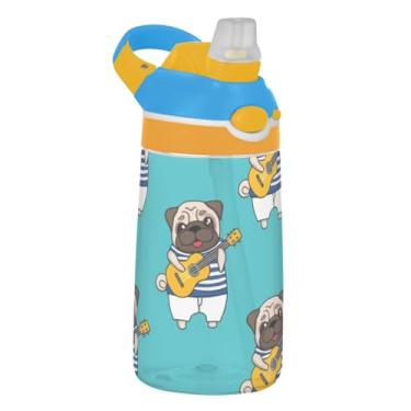 Imagem de Garrafa de água infantil de 473 ml com tampa de canudo à prova de vazamento, garrafa de água esportiva para escola, reutilizável, 473 ml, copos de viagem para crianças, alça de transporte, pug tocando