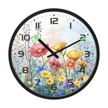 Imagem de SEHANY Herb Wildflower Relógio de parede silencioso sem tique-taque relógio redondo operado por bateria 30 cm controle de som luz noturna relógios de parede para sala de estar, cozinha, quarto