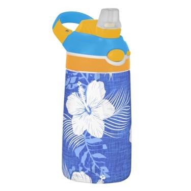 Imagem de Garrafa de água infantil Tritan de 473 ml com tampa de palha, garrafa de água esportiva reutilizável para escola, à prova de vazamento, copo infantil de 473 ml, alça de transporte, flores brancas e