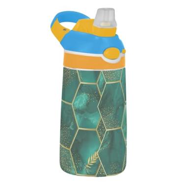 Imagem de Garrafa de água infantil Tritan de 473 ml com tampa de palha, à prova de vazamento, garrafa de água esportiva para escola, reutilizável, copo infantil de 473 ml, alça de transporte, verde chique