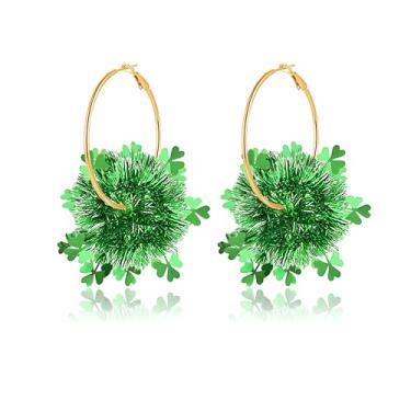 Imagem de Dreuyet Brincos femininos de guirlanda de Dia de São Patrício com glitter dourado verde chapéu de trevo de tinsel brinco de guirlanda de trevo da sorte irlandês aros de fogos de artifício para joias