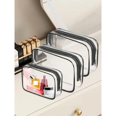 Imagem de Pacote com 3 bolsas de higiene de viagem transparentes aprovadas, bolsa de acessórios de viagem para aeroporto, bolsas tamanho litro, repelente de água, bolsa de cosméticos de PVC para mulheres (preto