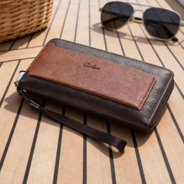 Imagem de Carteira masculina retrô com bloqueio de RFID, carteira longa de couro com zíper único com grande capacidade e vários compartimentos para cartão, organizador de estilo vintage (marrom escuro)