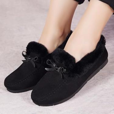 Imagem de Mocassim feminino de inverno com forro fofo, antiderrapante, para uso ao ar livre, casual, quente, cano baixo, moderno, sem cadarço, nó, Preto, 35