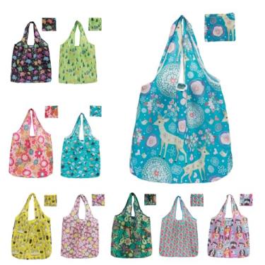Imagem de Pacote com 10 sacolas de compras de grande capacidade reutilizáveis e dobráveis com design de alça à prova d'água, ecológicas para viagens ao ar livre, armazenamento de alimentos e mercearia, Cor