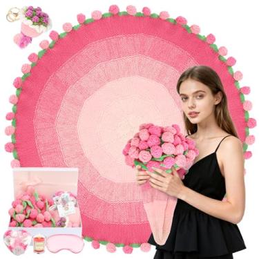 Imagem de Cobertor de buquê de flores de crochê, 109 cm, feito à mão, tricotado, rosa, ideias românticas, presente com vela, sabonete, chaveiro, máscara para os olhos para sua namorada, mãe, dia das mães, dia