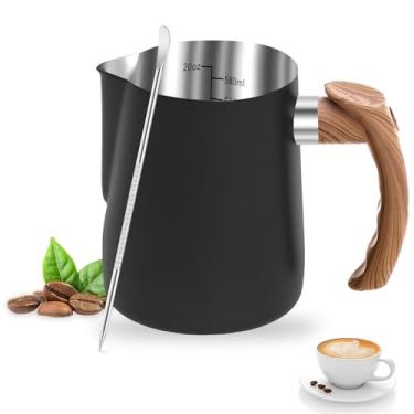 Imagem de Jarra para espumar leite, 590 ml/600 ml, copo para espumador de leite, jarro de café expresso barista com caneta de arte de café e alça ergonômica para cappuccino latte art (preto, 600 ml)