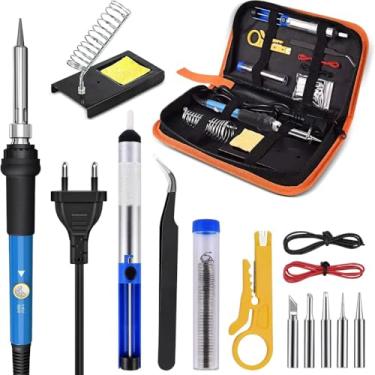 Imagem de Kit de ferro de solda 14 em 1, ferro de solda de temperatura ajustável de 110 V, 20 W a 60 W, 1 bomba de dessoldagem, 1 estação de solda, 5 pontas de solda, 1 fio de solda