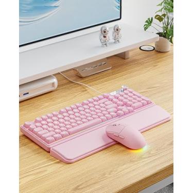 Imagem de EWEADN C98 Combo de teclado e mouse com fio, teclados de computador com fio com palma de pulso, teclas de disparo duplo, teclado com luz de fundo RGB silencioso para Windows/MAC/PC (rosa)