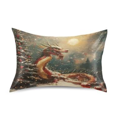 Imagem de Blueangle Fronha de cetim dragão de Natal para cabelo e pele, fronha de seda, tamanho padrão (50,8 x 66 cm) - Capas de almofada de cetim refrescantes com fecho de envelope (642)