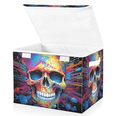 Imagem de Blueangle Cestos de armazenamento coloridos de caveira com tampas, 42 x 32 x 30 cm, grande cesta organizadora dobrável para decoração de casa e escritório (145)
