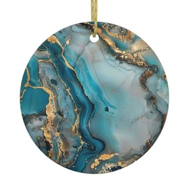Imagem de Pingente redondo de cerâmica de Natal com estampa de mármore azul turquesa, pingentes de porcelana, decoração criativa de Natal