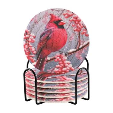 Imagem de Blueangle 6 peças de porta-copos cardinais de Natal e inverno para bebidas, porta-copos de tecido redondo super absorvente para mesa de café, proteção de mesa para decoração de casa (152)