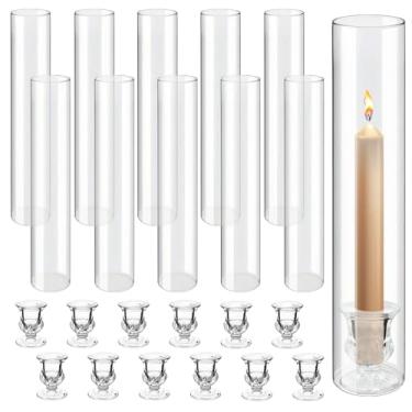 Imagem de 12 conjuntos de castiçais de vidro e castiçais cônicos - cilindro transparente de 32 cm com suporte de 5 cm para casamento, decoração de mesa de Natal (12, transparente)