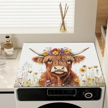 Imagem de Capas de lavadora e secadora para o topo, linda vaca Highland antiderrapante, almofada de cobertura contra poeira, tapete protetor de secadora para lavanderia, cozinha, decoração de casa, 59,9 cm x 50