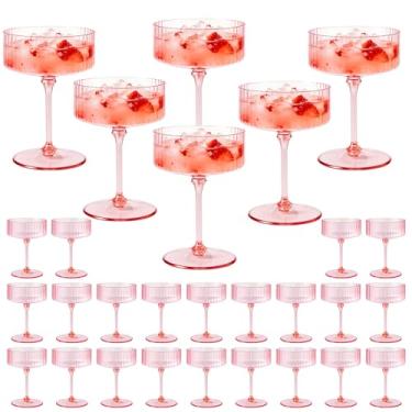 Imagem de ZOMUIA Copos de cupê canelados, 28 peças, copos de plástico champanhe de 290 ml, copos de coquetel de acrílico destacáveis, copos de plástico para bares, vinho, sobremesa, copos de coquetel (rosa)