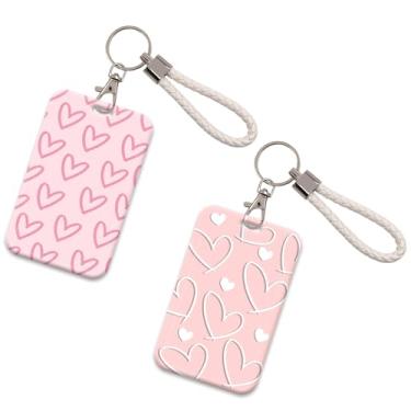 Imagem de 2 peças de porta-crachá de identificação rosa fofo com chaveiro, porta-cartão de identificação de coração de amor, porta-chaves, cartão e foto, capa protetora de plástico rígido para mulheres, meninas