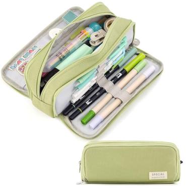 Imagem de Estojo de Lápis com 3 Compartimentos Grande Capacidade Bolsa para Canetas Escola Adolescentes Meninas Meninos Homens Mulheres Armazenamento Multifuncional Zíper Metal Papelaria Cosméticos Artesanato A