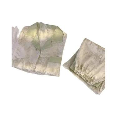 Imagem de Conjunto De Pijama Feminino De Seda Gelada Com Cardigã De Lapela E Bot