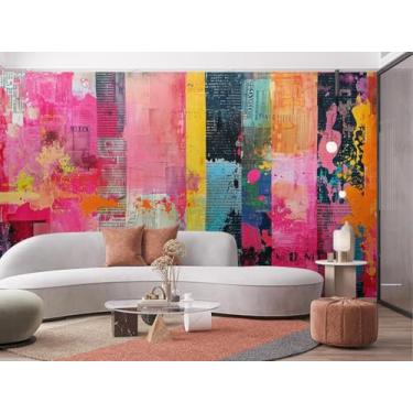 Imagem de VistaPalette Mural de parede de jornal abstrato moderno colorido rosa laranja preto papel de parede autoadesivo removível grande folha decoração de parede imagem impressa