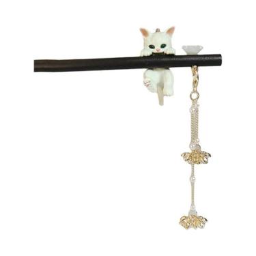 Imagem de Grampo De Cabelo De Madeira Com Borla De Flor E Gato Fofo Estilo Chinê