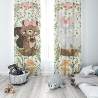 Imagem de Cortina Tecido Oxford Quarto Infantil Animais Tronco Aquarela- 140x220