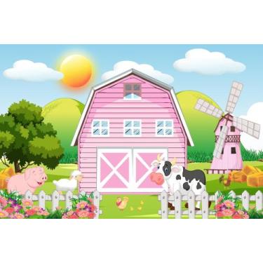 Imagem de Painel de Lona Fazendinha Rosa Celeiro e Moinho Flores na Cerca - Fabr