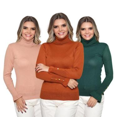 Imagem de Kit 3 Blusas Feminina Manga Longa com Botão Gola Alta Tricô Inverno Ca