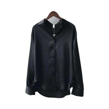 Imagem de Camisa Elegante De Seda Para Mulheres, Solta, Com Gola Reversível, Blu