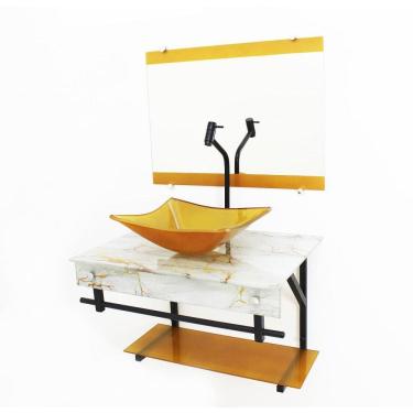 Imagem de Gabinete De Vidro 60Cm Cuba Quadrada Mármore Branco Dourado