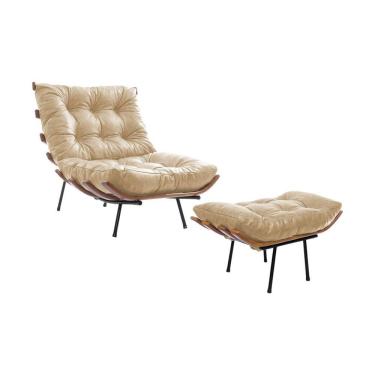 Imagem de Poltrona Costela Em Couro Natural Com Puff - Bege