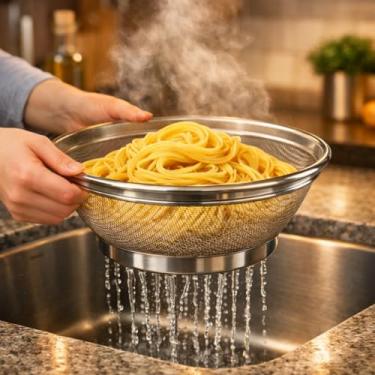 Imagem de Escorredor de Alimentos/Macarrão Multiuso em Aço Inox, 28cm, Malha Fina, para Frutas, Massas e Grãos