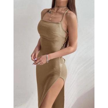 Imagem de Vestido Bodycon Preto Feminino - Sem Mangas, Decote Halter, Fenda Alta