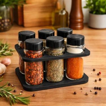 Imagem de Porta Tempero 6 Potes Plástico 130ml Tampa Dosadora Dupla MDF Cozinha 