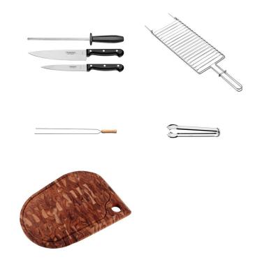 Imagem de Kit Mestre do Churrasco com Facas Chaira Grelha Espeto Pegador e Tábua em Aço Inox e Madeira para Preparo Tramontina