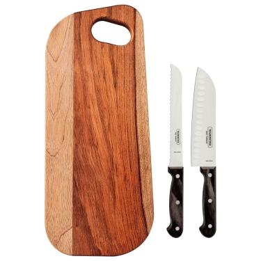 Imagem de Kit para Frios Polywood Servir Queijos e Petiscos Aço Inox Madeira Tratada Castanho Área Gourmet Tramontina 3 Peças