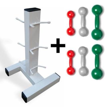 Imagem de Kit Halteres Emborrachado 1,2,3 (1 ao 3kg) Com Suporte CHÃO-Unissex