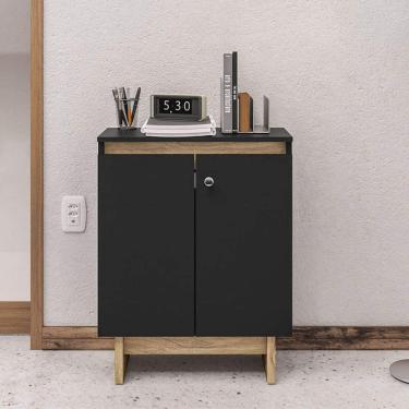 Imagem de Balcão 2 Portas 1 Prateleira Los Angeles Politorno Preto/Carvalho Claro