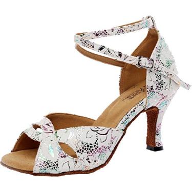 Imagem de Salabobo QQQ-7066 sapato feminino de dança floral PU tango peep toe salto médio, Prateado, 4