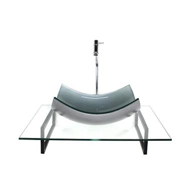 Imagem de KIT CUBA DE VIDRO RETANGULAR CURVADA PRATA COM TAMPO 60CM INCOLOR E SUPORTE PRETO