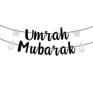 Imagem de Faixa Umrah Mubarak com glitter preto – decorações de celebração de Eid Mubarak para artigos de festa muçulmanos do Ramadã muçulmano