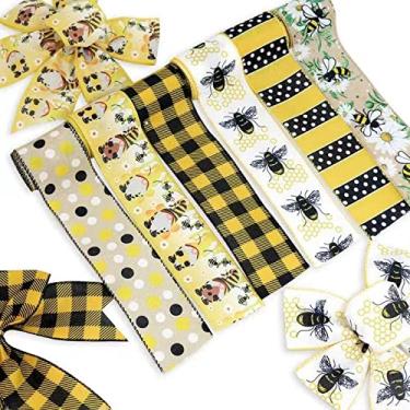 Imagem de Fita estilo abelha de mel de 6,35 cm (30 jardas), primavera, fita de linho com bordas de arame para artesanato de verão, xadrez, listras, bolinhas, fitas de gnomo para arranjos florais, pacotes e decoração da casa.