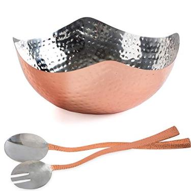 Imagem de Tigela de salada Colleta Home com servidores - Conjunto de 3 peças - Tigela de salada de cobre martelado - Tigela para servir martelada de 24,13 cm