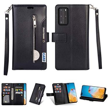 Imagem de Capa para Huawei P40, carteira de couro PU Folio Flip Case Zíper Bolso Slots para Cartão Fecho Magnético Capa Protetora à Prova de Choque com Alça de Pulso para Huawei P40 (Preto)