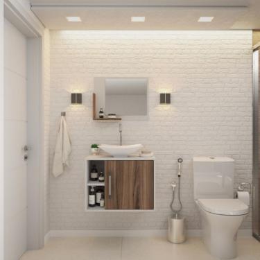 Imagem de Conjunto para Banheiro Gabinete com Cuba Folha L38 e Espelheira Soft 600   Branco com Nogal