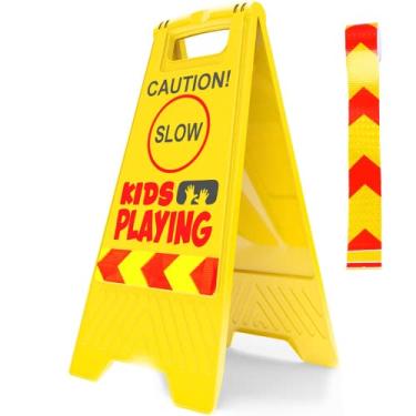 Imagem de Placa de cuidado infantil – Placa de segurança para quintal lento para crianças – Placa dupla face com fita refletiva