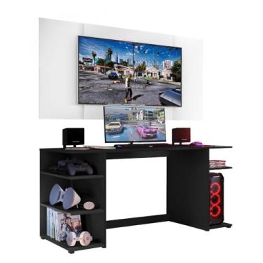 Imagem de Mesa Gamer Escrivaninha com Painel Tv 65" Guilda Multimóveis V3585 Preta/branca